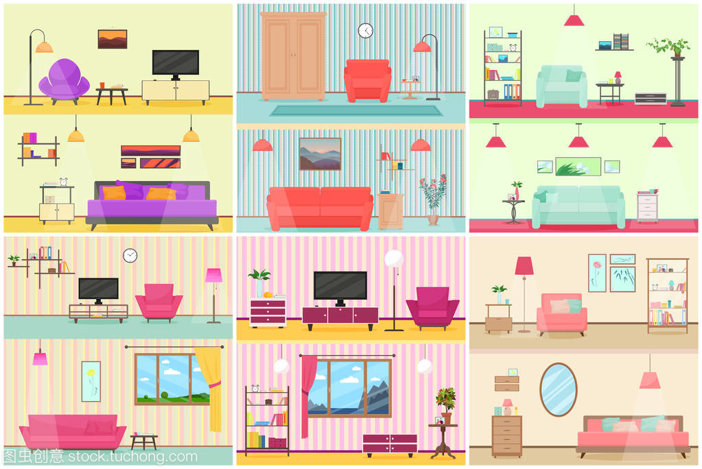 矢量平面卡通客厅 现代家居的艺术与活力
